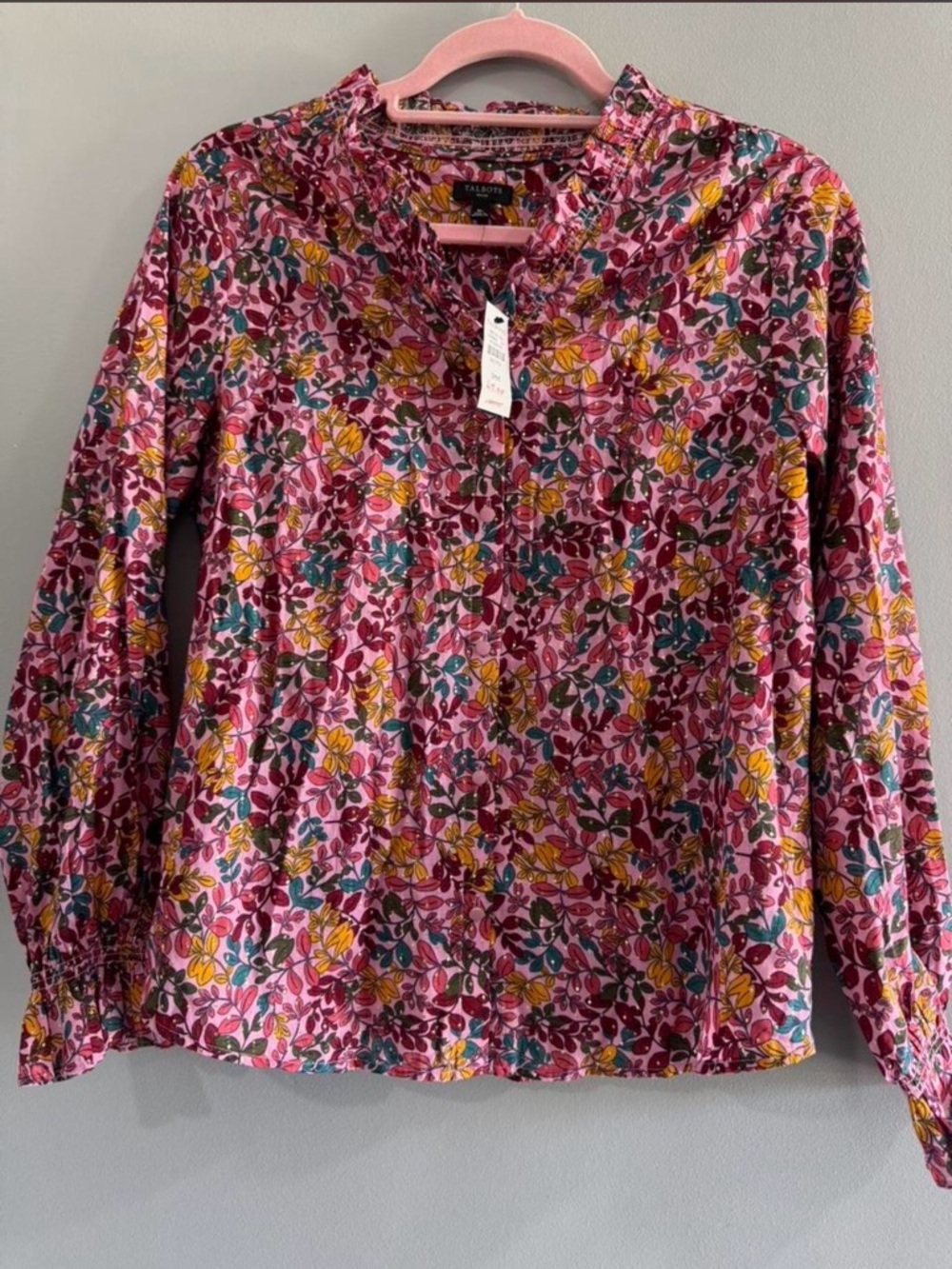 Talbots Pink Floral Ruffle-Neck Button-Front Blouse